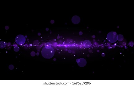 Sparkling magical dust and purple blue particles on black background. Glitter and elegant for Christmas. Magic concept. Abstract bokeh effect. Vector