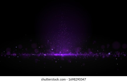 Sparkling magical dust and purple blue particles on black background. Glitter and elegant for Christmas. Magic concept. Abstract bokeh effect. Vector