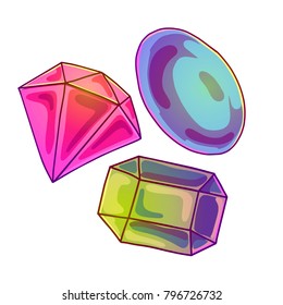 sparkling magical gems of different colors. Vector cartoon illustration for stickers, pins or print