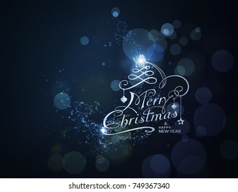 Sparkling Merry Christmas and Happy New Year typography with light effects on dark blue background