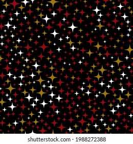 Sparkling midnight seamless pattern with stars and confetti. Abstract vector space. Colorful artistic illustration for fabric design, wallpaper, decorative paper, web design, postcard, background.