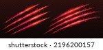 Sparkling monster claw mark scratches, red glowing wild animal traces, predator nail trails. Tiger, dragon, bear, lion, cat paws fire talon rips, Realistic 3d vector slashes on transparent