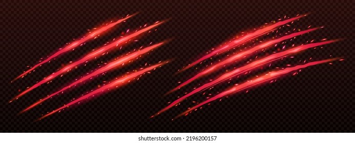 Sparkling monster claw mark scratches, red glowing wild animal traces, predator nail trails. Tiger, dragon, bear, lion, cat paws fire talon rips, Realistic 3d vector slashes on transparent