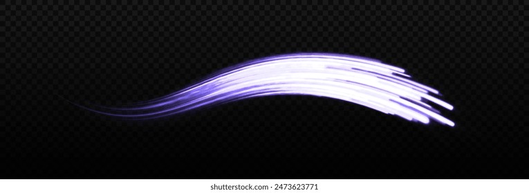 Sparkling motion lines. Magic glowing speed lines on transparent background. Wavy cosmic trail with light effect.