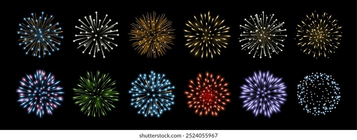 Sparkling multicolor firecrackers, light illuminated fireworks, anniversary celebration explodes on black sky background. Vector carnival explosion bursts, sparkling festive firecrackers