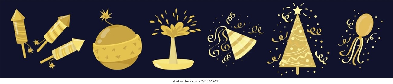 Sparkling multicolor and Golden firecrackers, light illuminated fireworks, anniversary celebration explodes on black sky background. Vector carnival explosion bursts, sparkling festive firecrackers, decorative border with colorful exploding in the sky, celebration card, festival banner,  Hand drawn doodle icon set. Birthday and new year sparkle confetti in sketch style, Glittering bursts. Explosive pyrotechnic celebrations with sparkling effects, boho sunrise line with various retro, geometric, and radiating line designs, Gold Sparkle Explosion Overlays isolated on Blue Night Background. Celebration elements set featuring golden vector firework rockets, round festive bomb, bright fountain sparkler, conical party hat with ribbons, decorated christmas pine tree shape, and shiny floating balloon isolated on a dark blue background graphic illustration for new year eve event greeting cards, holiday invitations, and various winter seasonal designs