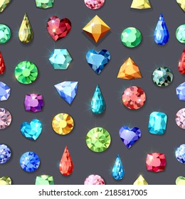 Gemas multicolores de diferentes formas y cortes. Patrón sin foco. textura de tela.