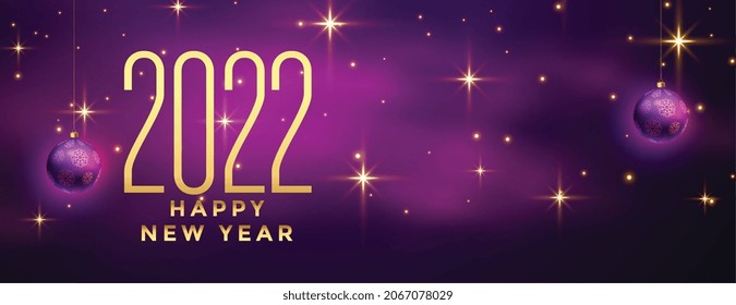 sparkling new year 2022 purple banner with christmas balls