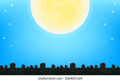 The sparkling night sky, the full moon and the city at night.