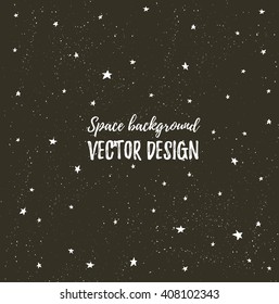 Sparkling nights sky with stars and dark space. Vector hand drawn stylish background. Hipster template for poster, banner and wedding card design.