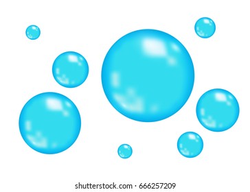  Sparkling oxygen or water bubbles. Brilliant blue molecule isolated  on white  background. Realistic 3d sphere. Vector texture for shampoo, skin cosmetics or science backdrop.