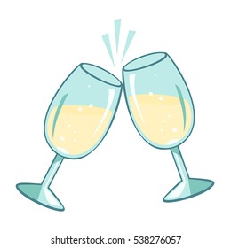 Sparkling pair champagne glasses. Vector illustration, isolated on white background.