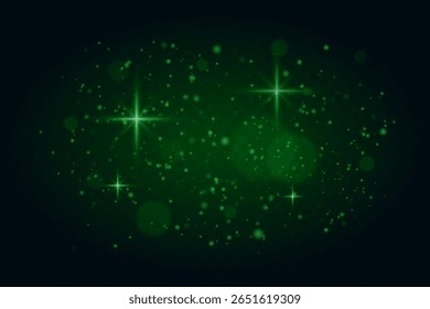 Sparkling particles with green glow and soft light flares on dark background. Gentle twinkle effect for festive or dreamy scenes.