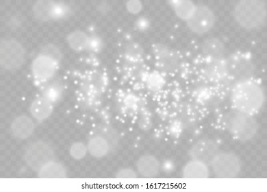 Sparkling particles of magic dust. White sparks and golden stars sparkle with a special light effect. Vector sparkles on a transparent background. Christmas abstract illustration. 