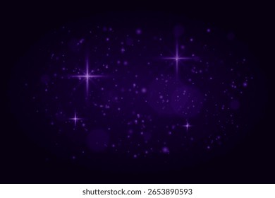 Partículas cintilantes com brilho roxo e fachos de luz macia no fundo escuro. Efeito twinkle suave para cenas festivas ou sonhadoras.