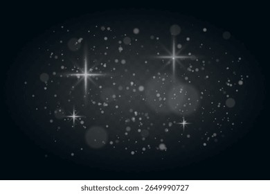 Sparkling particles with white glow and soft light flares on dark background. Gentle twinkle effect for festive or dreamy scenes.