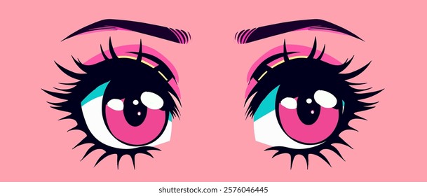 Sparkling pink anime girl's eyes. Fancy illustration in cartoon style.