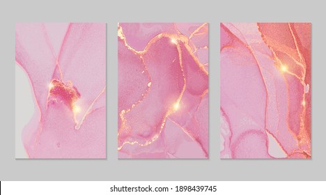 Sparkling pink and gold stone geode pattern. Alcohol ink technique abstract vector background. Modern paint with glitter. Marble texture. Set of templates for banner, poster design. Fluid art painting