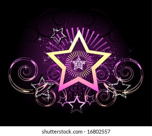 sparkling pink star with brilliant frames on a black luminous background