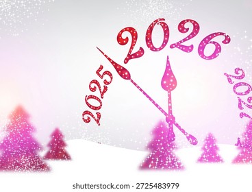 Funkelnde rosafarbene Bäume und festliche Countdown-Uhr begrüßen 2026 in einem magischen Winterurlaub Vektor Illustration.