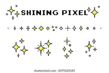 Sparkling Pixel Art-Set. Glitzersterne. Funkeln. Hellgelbe Farbe. Stimmung der Ästhetik der 90er Jahre. 8-Bit-Retro-Stil pixelierte Vektorillustration. Einfache geometrische Form. Leuchtendes Icon Pack auf weiß