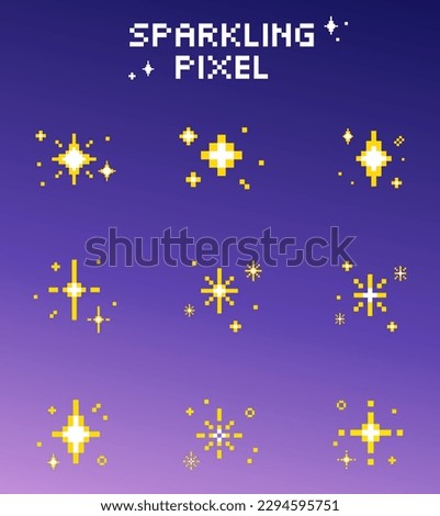 Sparkling pixel set vector bright yellow sparkle star, Stars, glitter, sparkles. Starry sky pixel art set. Space shining object