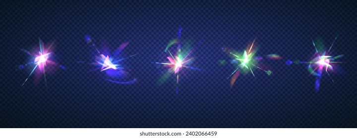 Sparkling plasma clots color vector illustration set. Space energy explosion light effects isolated on dark transparent background. Abstract art