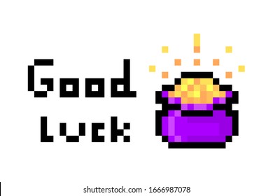 Sparkling purple pot of gold and good luck wish, Saint Patrick's Day pixel art icon isolated on white background. 8 bit old school vintage retro slot machine/video game graphics.