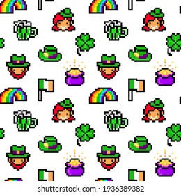 Espumosa olla morada de oro y deseo de buena suerte, icono de arte de píxeles del Día de San Patricio aislado en fondo blanco. Máquina de tragaperras retro vintage de 8 bits, gráficos de videojuegos.