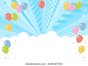 Sparkling radiation, concentrated blue background with balloon. Birthday design. Background illustration of a blue sky with balloons flying around