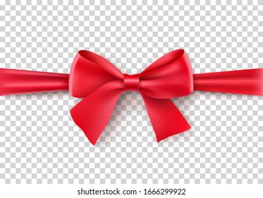 Sparkling red bow from satin tape isolated on transparent background. Bright bow with ribbon vector illustration. Realistic decoration for anniversary congratulation. Present wrapping element.