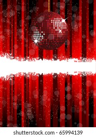 Sparkling red disco ball on a red striped background with white banner area