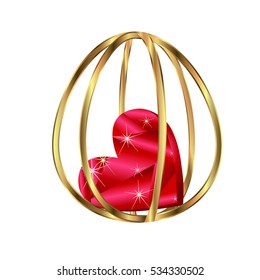 Sparkling red heart in a gold oval cells on a white background, Valentine's day