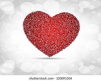 Sparkling red heart shape made with grungy effect on grey seamless background, can be use as flyer, banner, gift or greeting card. EPS 10. Vector illustration.