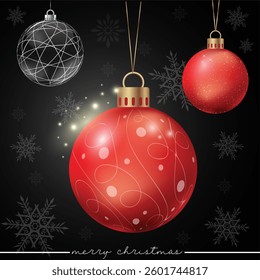 A sparkling red holiday ornament with a dotted pattern design on a black background with snowflakes.