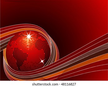 sparkling red mosaic world globe wrapped in a striped ribbon wave