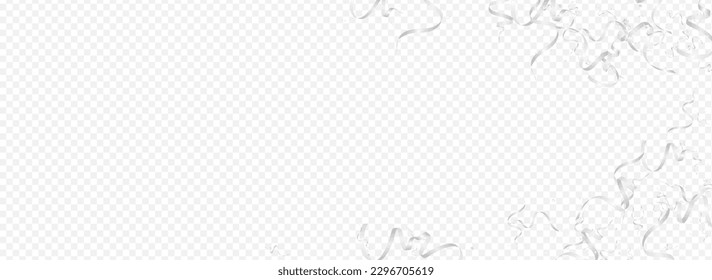 Sparkling Ribbon Swirl Vector Panoramic Transparent Background. Christmas Serpentine Design. Confetti Fun Template. Silver Flying Poster.