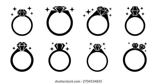 sparkling ring Valentine's Day icon set silhouette style and isolated on white background Vector illustration