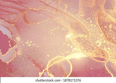 Sparkling rose, and gold stone marble texture. Alcohol ink technique abstract vector background. Modern paint with glitter. Template for banner, poster design. Fluid art painting
