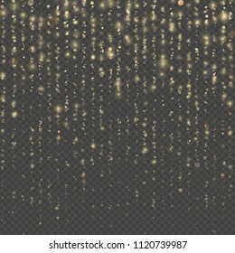 Sparkling of shimmering light blurs. Christmas and New Year effect. Overlay transparent glitter threads of curtain backdrop. Gold particles lines rain. Fashion strass drops with shiny sequins. EPS 10