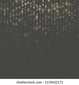 Sparkling of shimmering light blurs. Fashion strass drops with shiny sequins. Christmas and New Year effect. Gold particles lines rain. Overlay transparent glitter threads of curtain backdrop. EPS 10