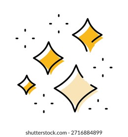 Ícone brilhante brilhante com uma coleção de estrelas amarelas brilhantes e pequenas partículas pontilhadas, representando limpeza, magia, qualidade e novos começos em um fundo branco