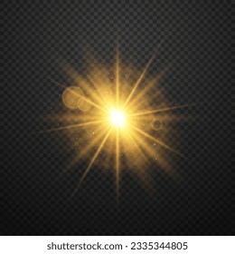 A sparkling and shining star, a bright flash of lights with radiation. A bright, sparkling golden element with highlights and rays on a dark transparent background. Vector EPS 10.