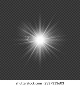 A sparkling and shining star, a bright flash of lights with radiation. A bright, sparkling white element with highlights and rays on a dark transparent background. Vector EPS 10.