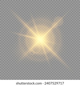 A sparkling and shining star, a bright flash of lights with radiation. A bright, sparkling golden element with highlights and rays on a light transparent background. Vector EPS 10.