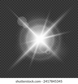 A sparkling and shining star, a bright flash of lights with radiation. A bright, sparkling white element with highlights and rays on a dark transparent background. Vector EPS 10.