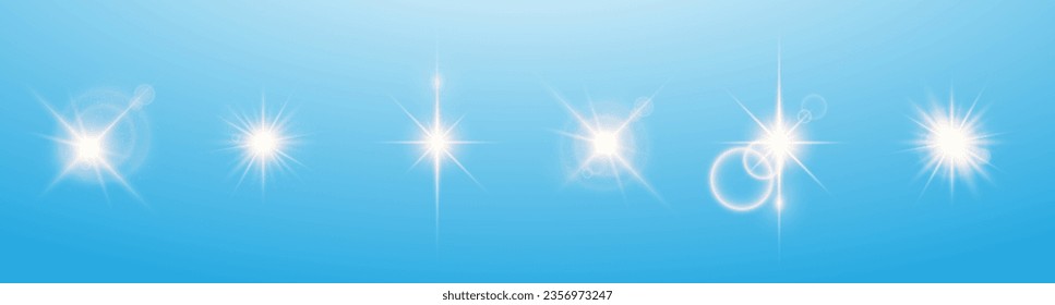 Sparkling and shining stars, bright flashes of lights with radiation. A set of glowing white lighting effects on a blue background. Vector EPS 10.