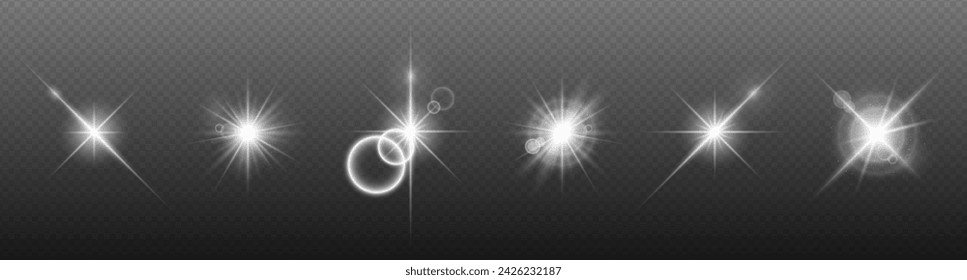 Sparkling and shining stars, bright flashes of lights with radiation. A set of glowing white lighting effects on a dark transparent background. Vector EPS 10.