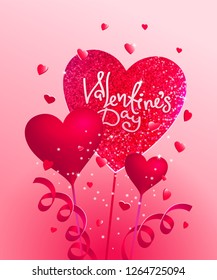 Sparkling shiny hearts on sticks decorated with a serpentine for a loved one on Valentine's Day