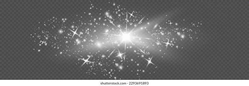 Sparkling shiny texture. Shiny particle effect. Silver glittering trail of space star dust from shiny particles on a transparent background